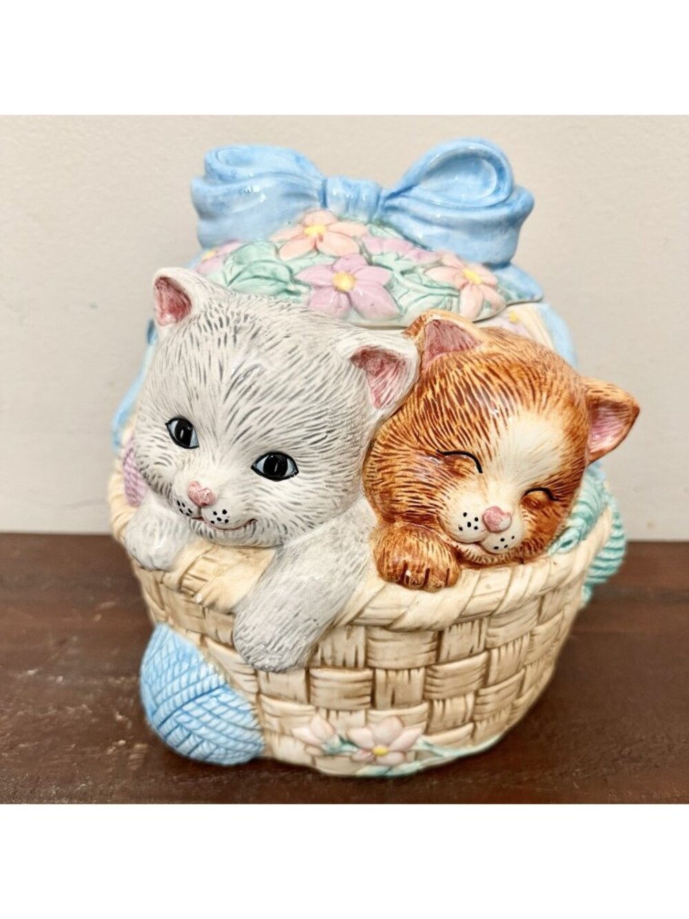 Benchmark Kittens in Basket Ceramic Cookie Jar Blue Bow Cat Canister Vintage